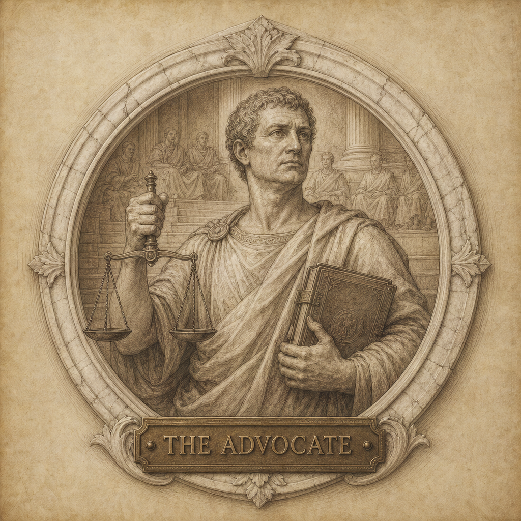 The Advocate — sepia study of a togate orator with scales