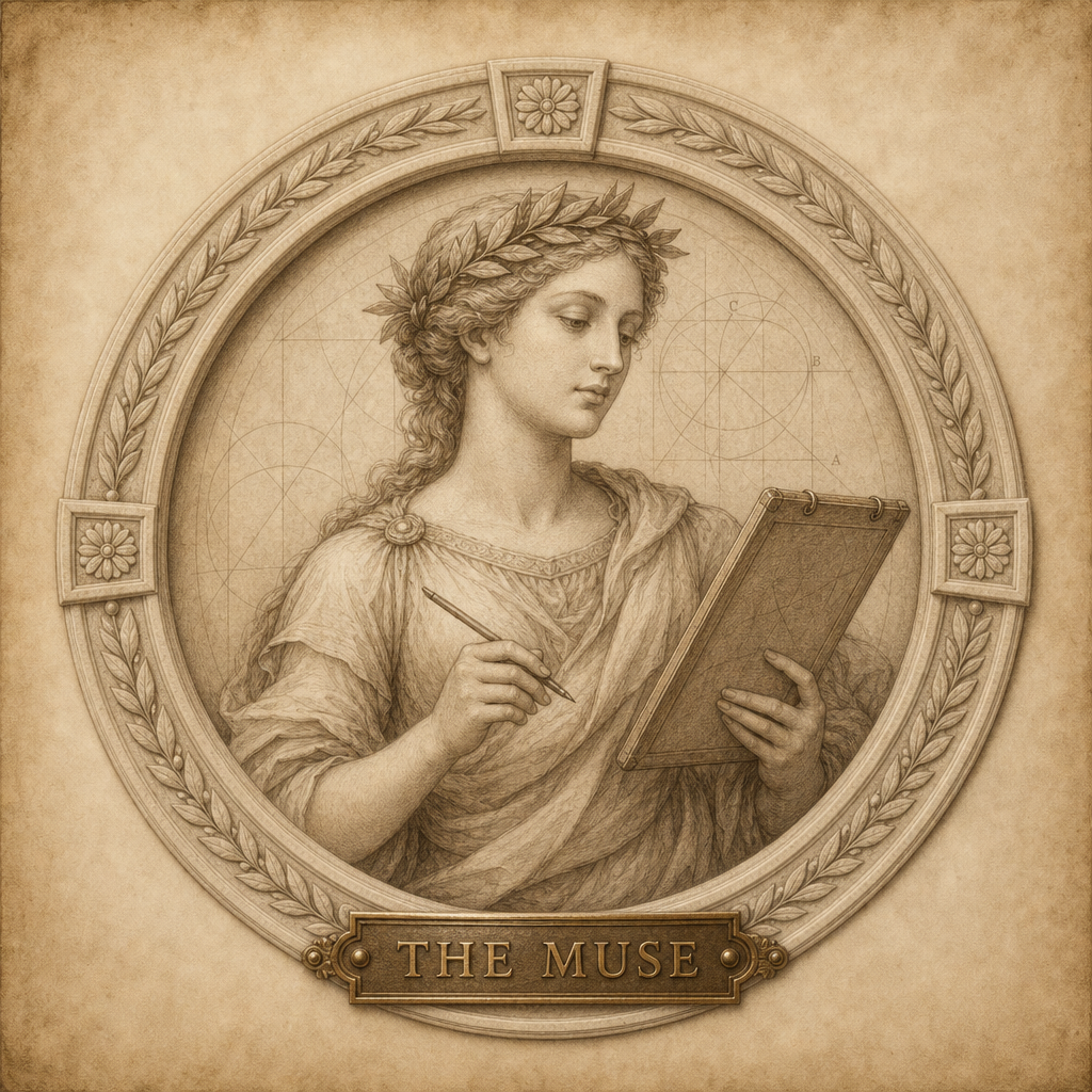 The Muse — sepia study of a graceful muse with stylus