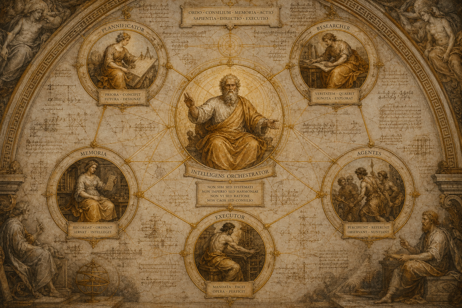 Renaissance fresco of the Ulises orchestrator connected to planner, researcher, memory, agents and executor