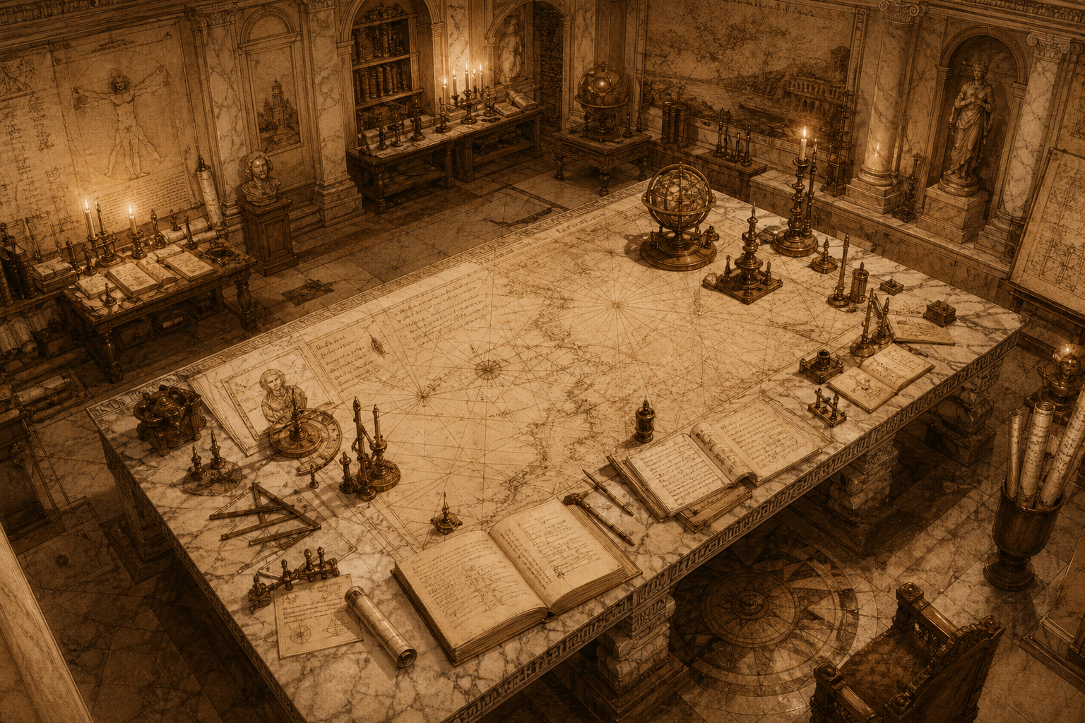 Scriptorium war-room with nautical chart and brass instruments
