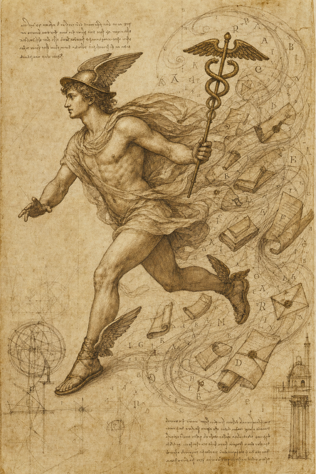 Hermes the messenger — Leonardo da Vinci sepia study