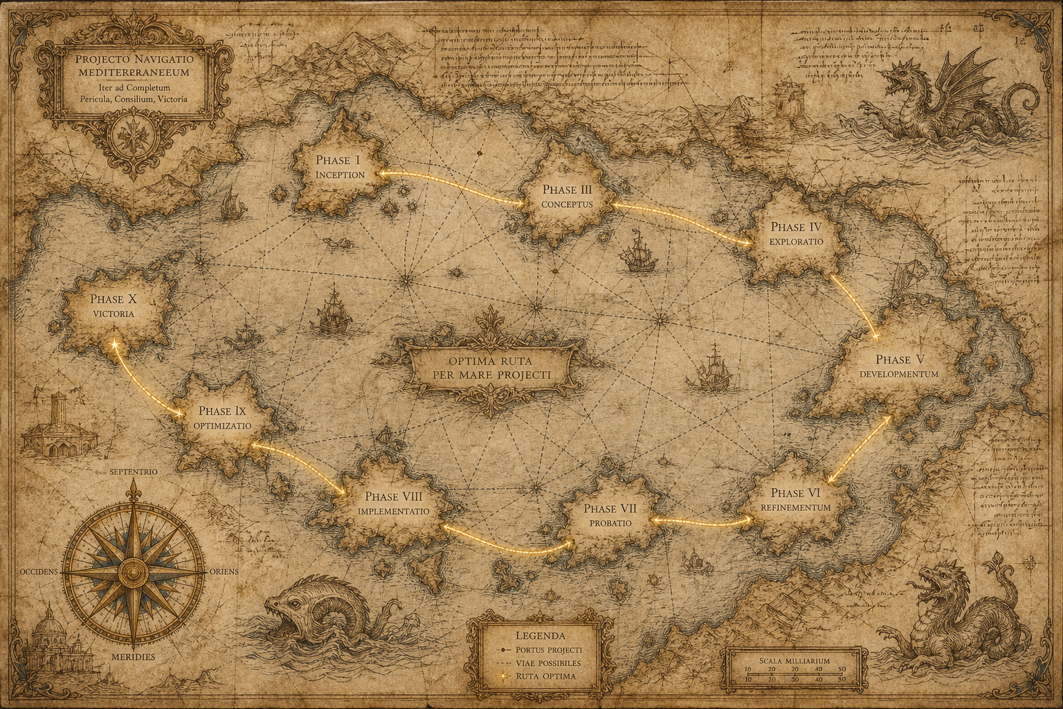 Antique nautical chart of a project voyage — the golden line marks the optimal path